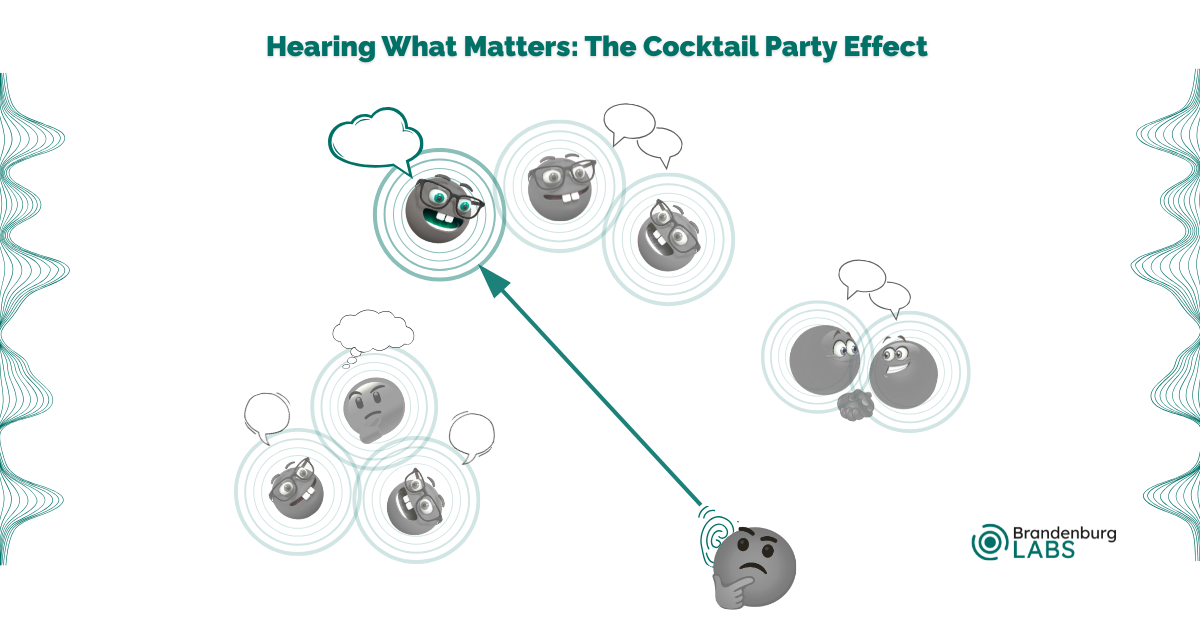The-Cocktail-Party-Effect-1200-x-628-px An illustration featuring 9 smileys, some of which are grouped together and chatting. Two smileys are connected by a straight arrow, symbolizing the cocktail party effect.